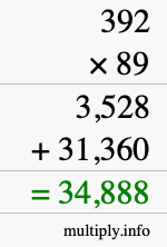 How to calculate 392 times 89 using long multiplication