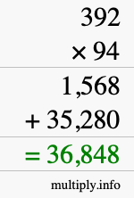 How to calculate 392 times 94 using long multiplication