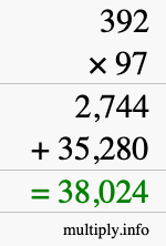 How to calculate 392 times 97 using long multiplication