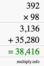 How to calculate 392 times 98 using long multiplication