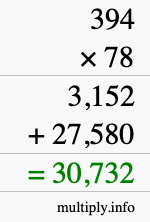 How to calculate 394 times 78 using long multiplication
