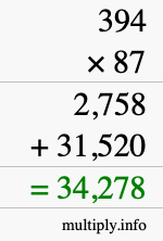 How to calculate 394 times 87 using long multiplication