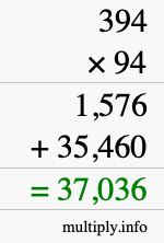 How to calculate 394 times 94 using long multiplication