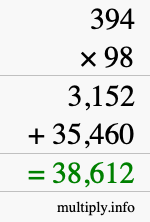 How to calculate 394 times 98 using long multiplication