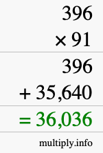 How to calculate 396 times 91 using long multiplication