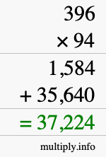 How to calculate 396 times 94 using long multiplication