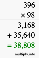 How to calculate 396 times 98 using long multiplication