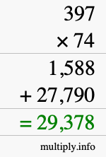 How to calculate 397 times 74 using long multiplication