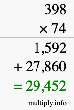 How to calculate 398 times 74 using long multiplication