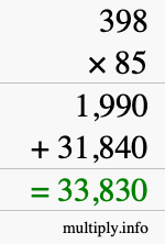 How to calculate 398 times 85 using long multiplication