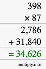 How to calculate 398 times 87 using long multiplication