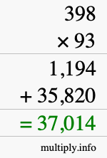 How to calculate 398 times 93 using long multiplication