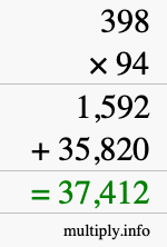 How to calculate 398 times 94 using long multiplication