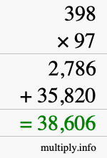 How to calculate 398 times 97 using long multiplication