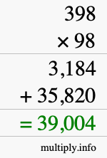 How to calculate 398 times 98 using long multiplication