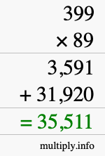 How to calculate 399 times 89 using long multiplication