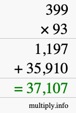How to calculate 399 times 93 using long multiplication
