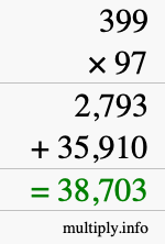 How to calculate 399 times 97 using long multiplication