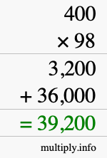 How to calculate 400 times 98 using long multiplication