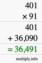 How to calculate 401 times 91 using long multiplication