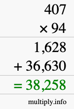 How to calculate 407 times 94 using long multiplication