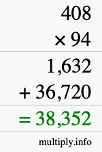 How to calculate 408 times 94 using long multiplication