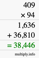 How to calculate 409 times 94 using long multiplication