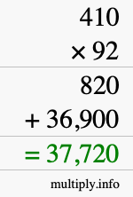 How to calculate 410 times 92 using long multiplication