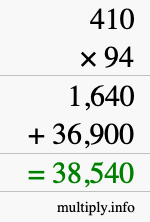 How to calculate 410 times 94 using long multiplication