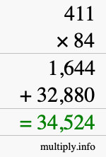 How to calculate 411 times 84 using long multiplication