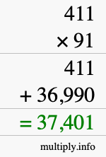 How to calculate 411 times 91 using long multiplication