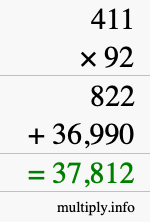 How to calculate 411 times 92 using long multiplication