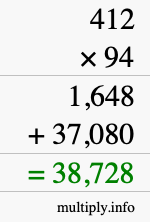 How to calculate 412 times 94 using long multiplication