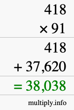 How to calculate 418 times 91 using long multiplication