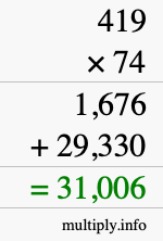 How to calculate 419 times 74 using long multiplication