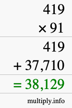 How to calculate 419 times 91 using long multiplication