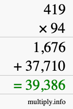 How to calculate 419 times 94 using long multiplication