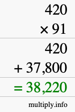 How to calculate 420 times 91 using long multiplication