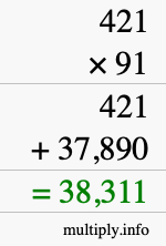 How to calculate 421 times 91 using long multiplication