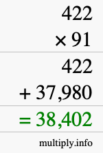 How to calculate 422 times 91 using long multiplication
