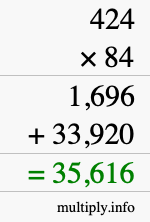 How to calculate 424 times 84 using long multiplication