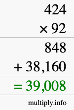 How to calculate 424 times 92 using long multiplication