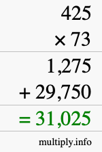 How to calculate 425 times 73 using long multiplication