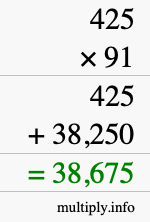 How to calculate 425 times 91 using long multiplication