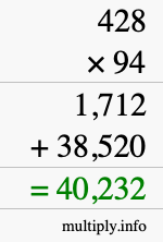 How to calculate 428 times 94 using long multiplication