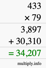 How to calculate 433 times 79 using long multiplication