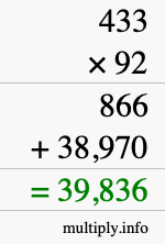 How to calculate 433 times 92 using long multiplication