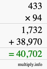 How to calculate 433 times 94 using long multiplication