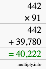 How to calculate 442 times 91 using long multiplication