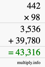 How to calculate 442 times 98 using long multiplication